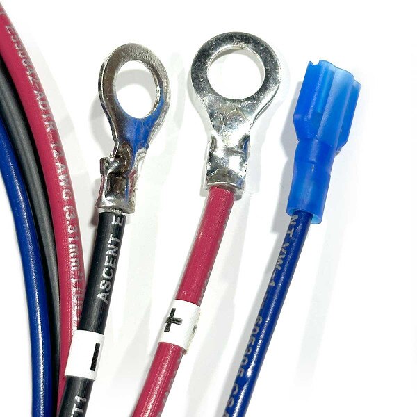 Summit Series II DC cordset for 650W/1050W chargers with ring terminals, LED indicator (LO), and temperature sensor.